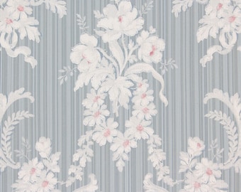 1940s Vintage Wallpaper White Pink Flower Bouquets on Blue by the Yard