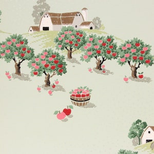 1940s Vintage Wallpaper Apple Orchard Barn Rolling Hills Horse Farm by the Yard