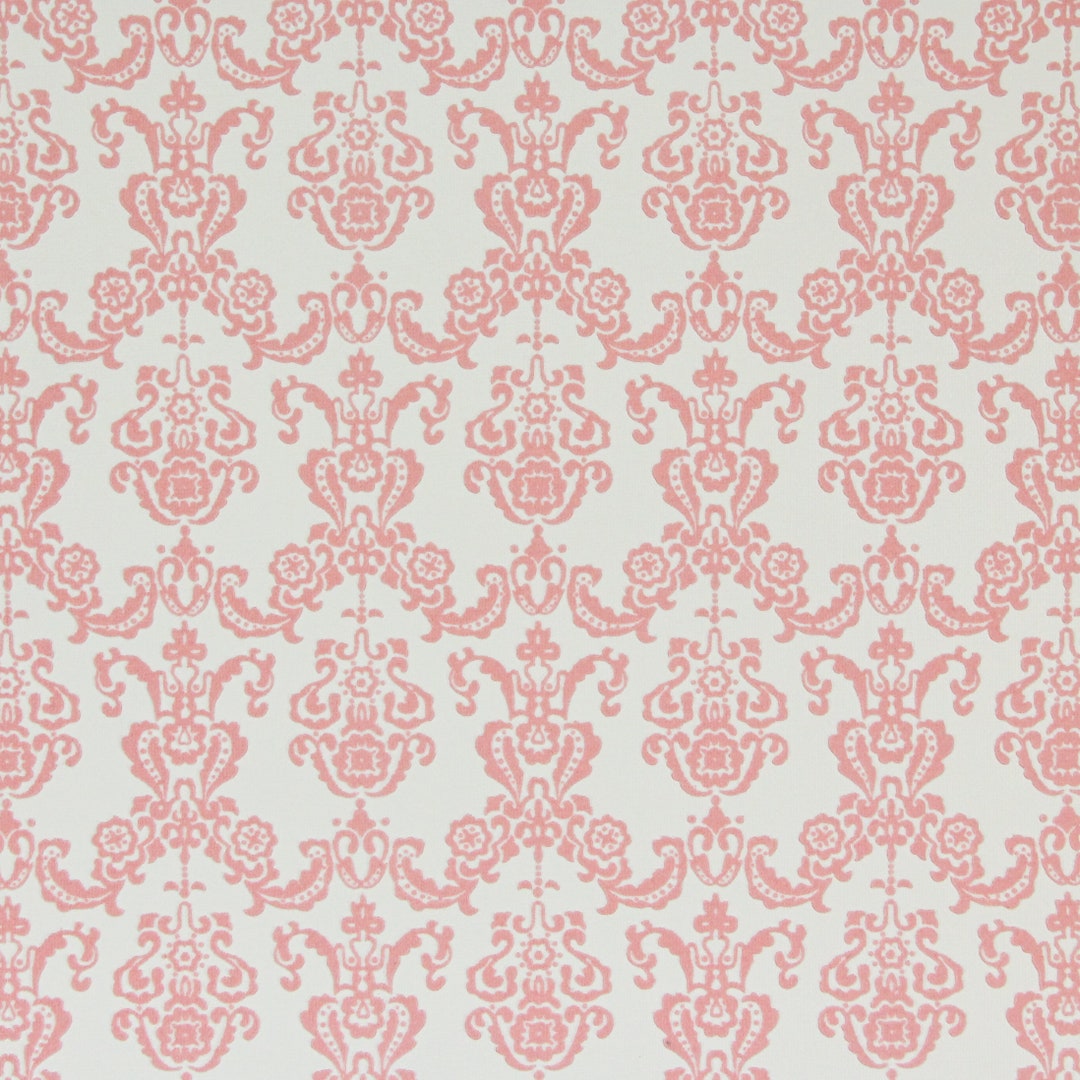 1970s Retro Vintage Wallpaper - Pink Flock Damask on White, Sold by the ...