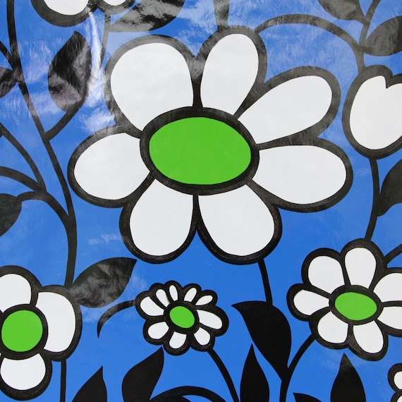 1970s Vintage Adhesive Paper - Blue and White Flower Power Glossy Wallpaper Peel and Stick, Sold by the Yard