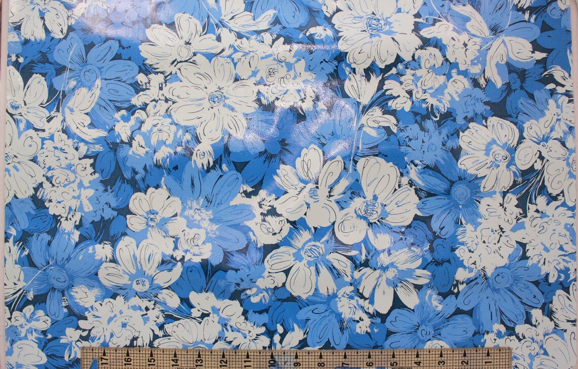 1970s Vintage Wallpaper Vinyl Retro Blue and White Flowers by - Etsy