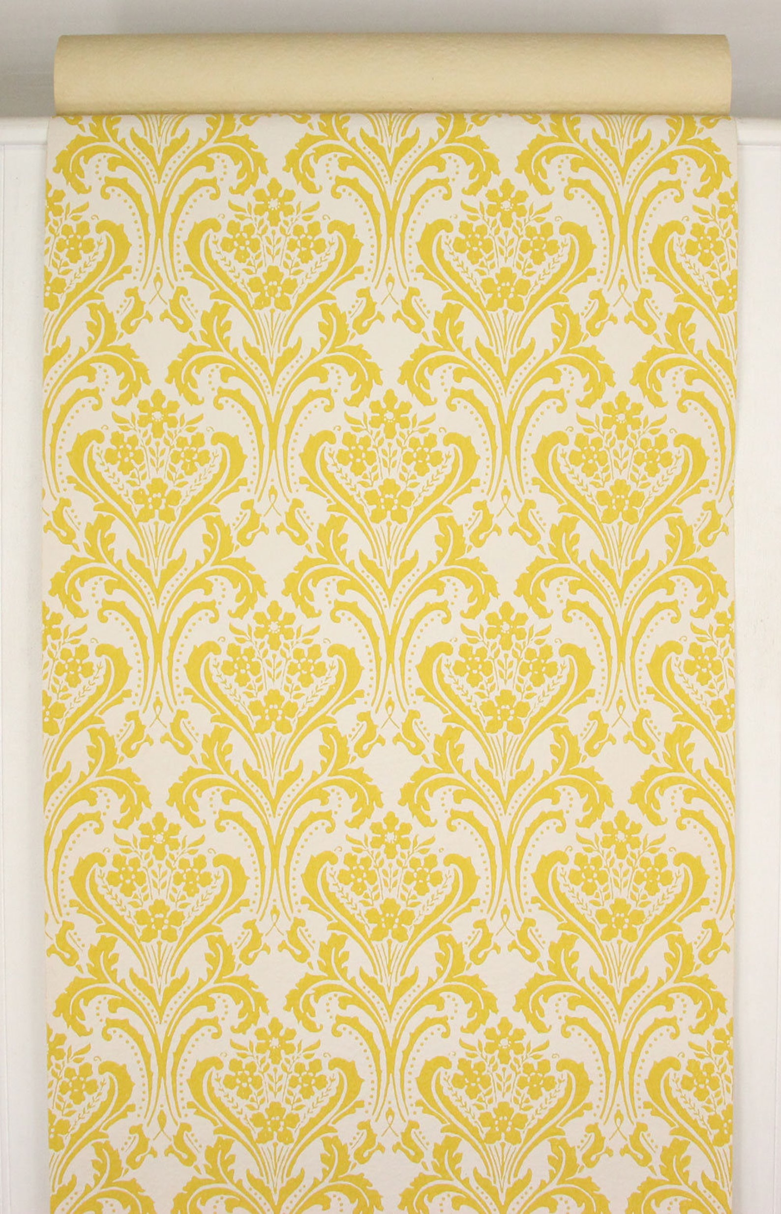 1960s Vintage Wallpaper Yellow Damask on White by the Yard Etsy