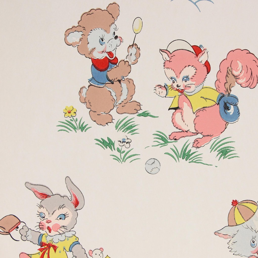 1940s Vintage Nursery Wallpaper - Pink Squirrel Bear Rabbit on White ...