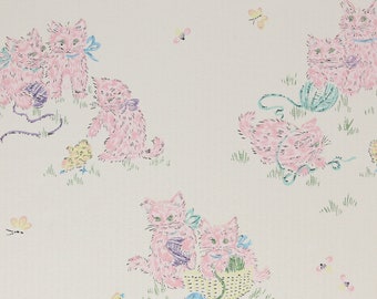 1960s Vintage Wallpaper Childrens Nursery Pink Kittens Yellow Chicks by the Yard