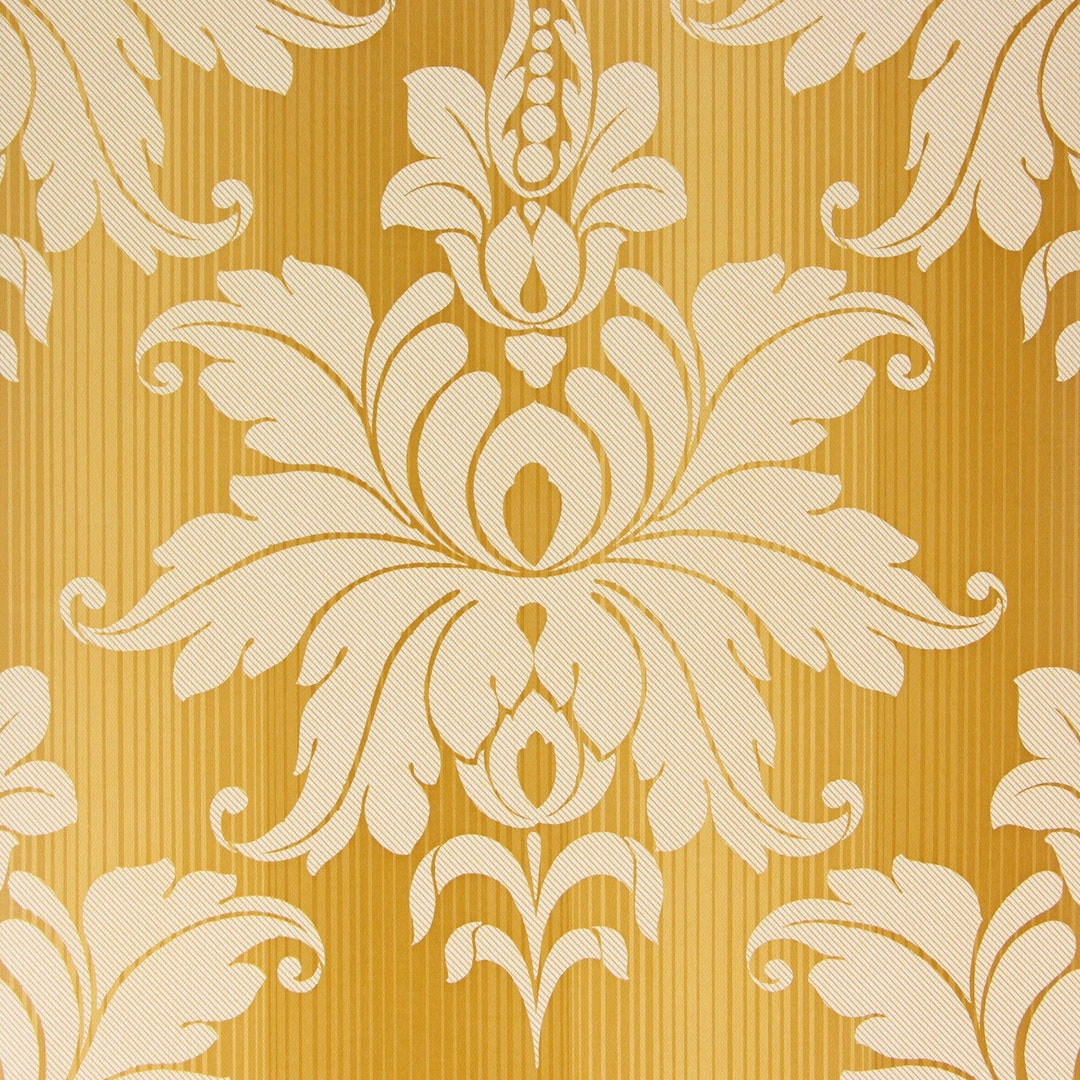 1970s Retro Vintage Wallpaper - Large Damask on Yellow Gold Stripe ...