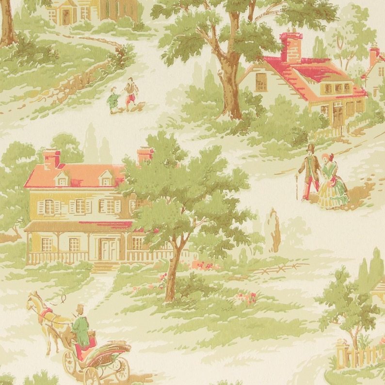 1950's Vintage Wallpaper Colonial Scenic Village Couples by the Yard image 1