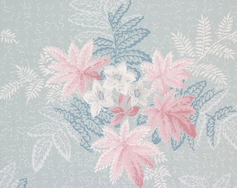 1960s Vintage Wallpaper - White Flowers and Pink Leaves on Blue, Sold by the Yard