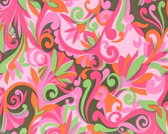 1970s Vintage Adhesive Paper - Retro Pink Green Paisley Peel and Stick, Sold by the Yard