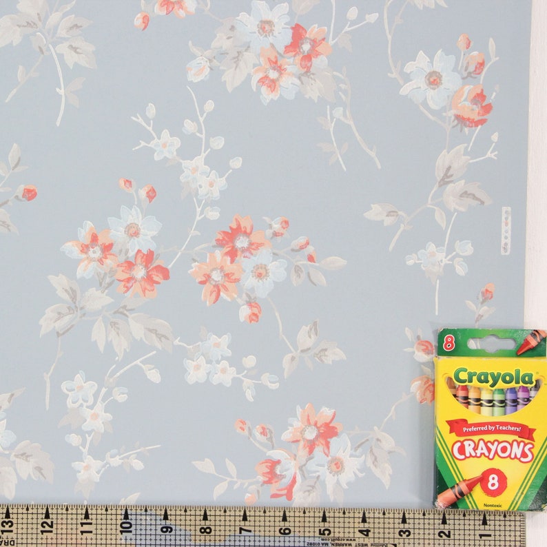 1940s Vintage Wallpaper Orange Flowers on Blue by the Yard