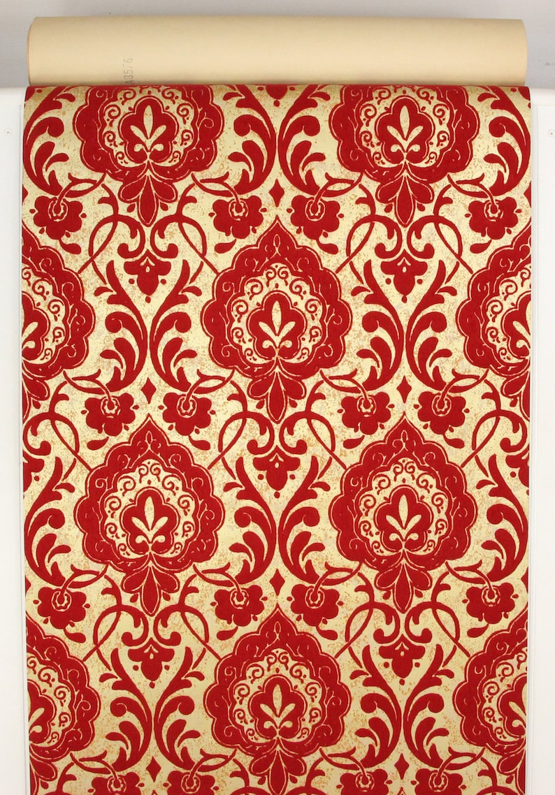 1970s Retro Flocked Vintage Wallpaper Red Damask on Gold by | Etsy
