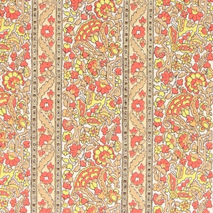 1970s Vintage Wallpaper - Retro Red and Yellow Flower Stripe Gold Accents, Sold by the Yard