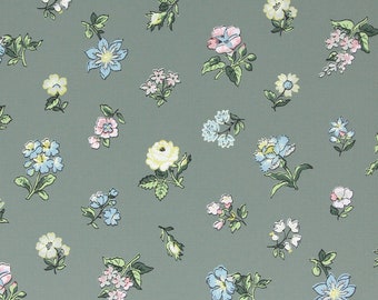 Puede incluir: Un papel tapiz de patrón sin costuras con un diseño repetitivo de flores azules, rosas y amarillas sobre un fondo verde claro.