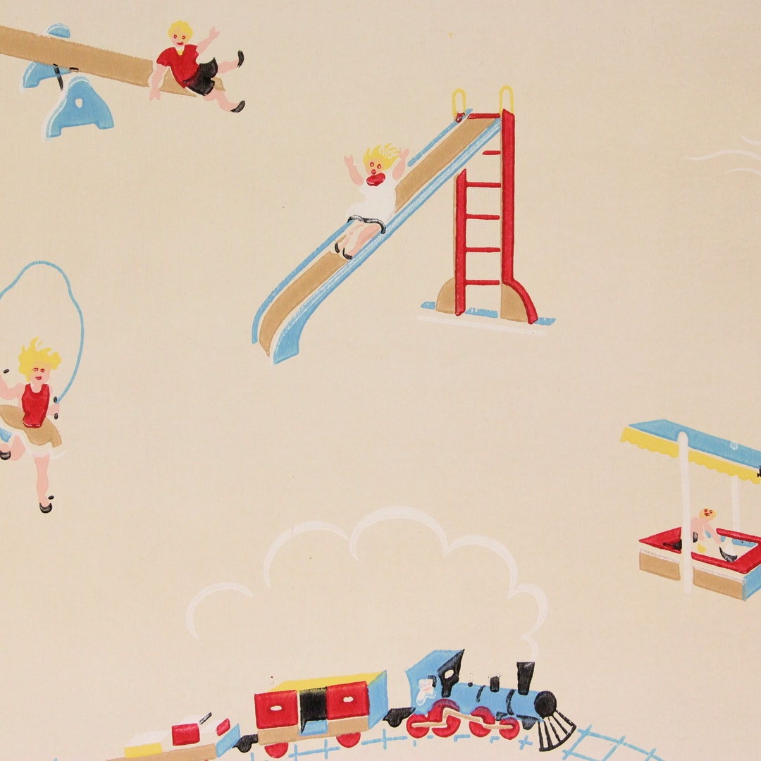 1930s Vintage Children's Wallpaper Kids on the Playground by the Yard