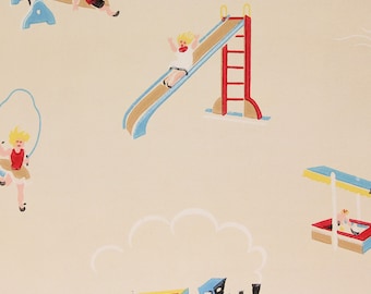 1930s Vintage Children's Wallpaper Kids on the Playground by the Yard