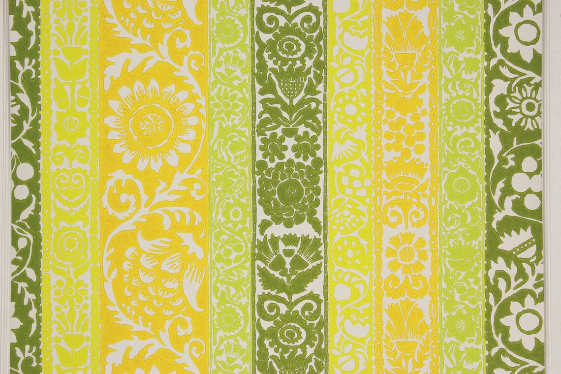 1970s Retro Vintage Wallpaper Green and Yellow Stripe Floral - Etsy
