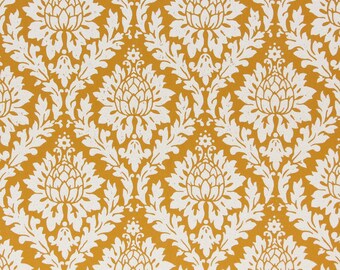 May include: A seamless pattern wallpaper with a white damask design on a mustard yellow background.