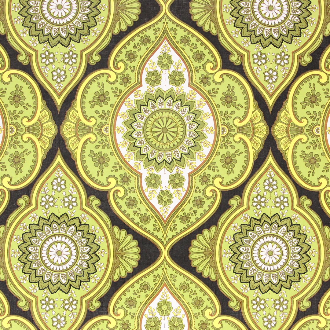 1970s Vintage Wallpaper - Vinyl Retro Green and Yellow Floral Geometric ...