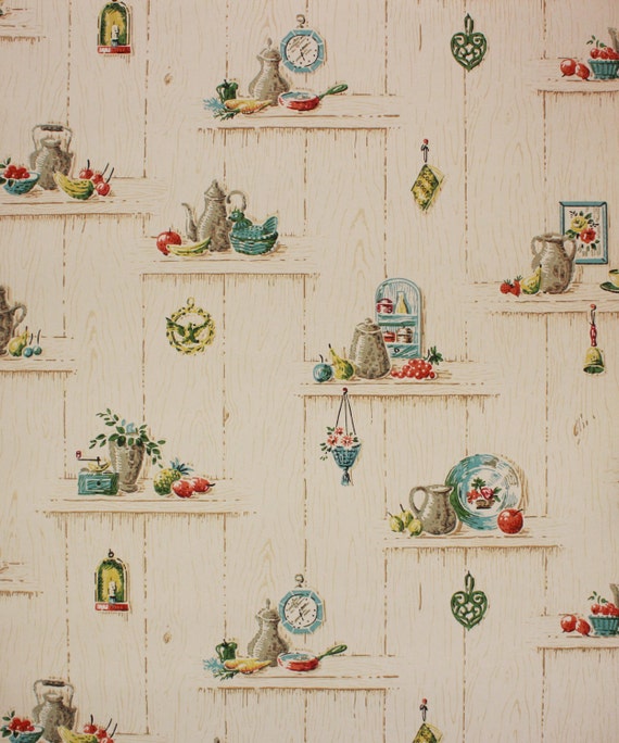 1950s Vintage Wallpaper Blue And Red Kitchen On Wood Grain Etsy