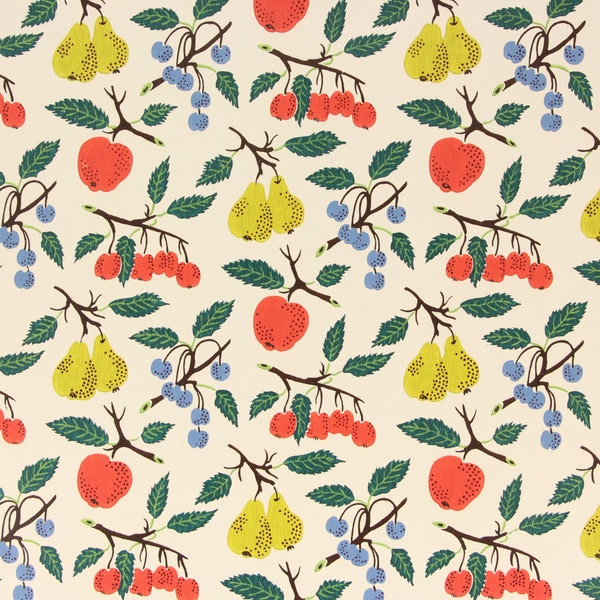 1960s Vintage Wallpaper Blue Orange Yellow Fruite on off white by the Yard