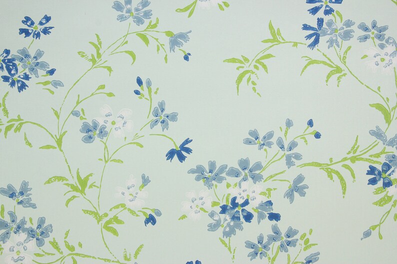 1970s Retro Vintage Wallpaper Vinyl Blue and White Flowers on Etsy
