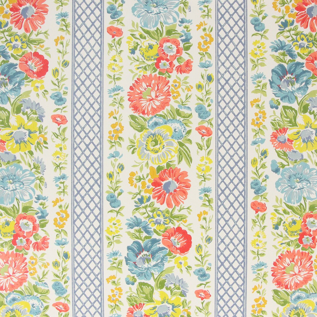 1970s Retro Vintage Wallpaper - Vinyl Red Blue Yellow Flowers Lattice ...