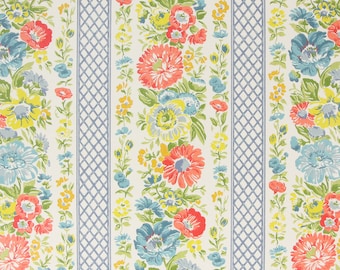 1970s Retro Vintage Wallpaper - Vinyl Red Blue Yellow Flowers Lattice, Sold by the Yard