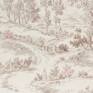 1960s Vintage Wallpaper - Pink Scenic Village Fence Row, Sold by the Yard
