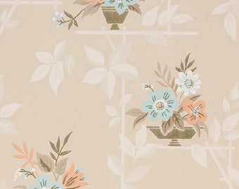 1940s Vintage Wallpaper Aqua and Salmon Flowers on Beige by the Yard