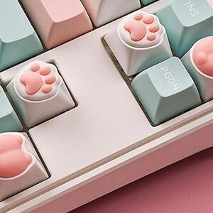 May include: A white keyboard with pastel blue and pink keys. Some of the keys have cute pink paw print keycaps.