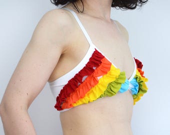 Rainbow frilly bra bralet on white lingerie LGBTQ underwear