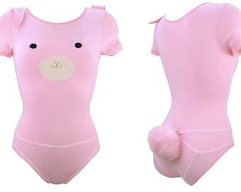 Pink Bunny Girl Bodysuit with Ears and Detachable Fluffy Tail