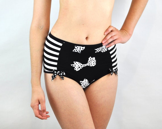Panties High Waist With Bow Print and Stripes. Retro Lingerie Cute