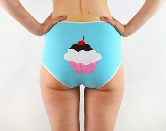 High Rise Panties met cup cake, blauwe lingerie, schattig ondergoed