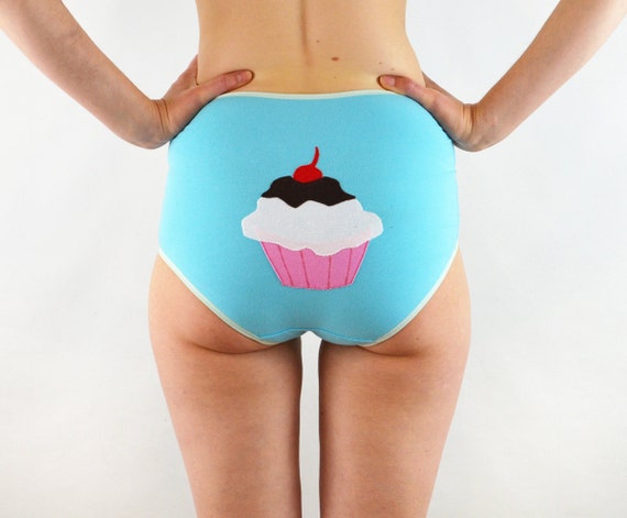 High Rise Panties With Cup Cake, Blue Lingerie, Cute Underwear 