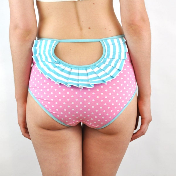 Lingerie Panties with Pink polka dot and blue stripey rosette open back