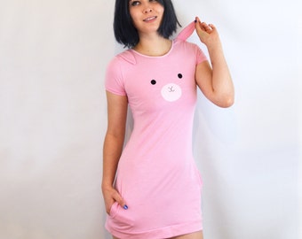 Pink bunny dress with ears mini dress with pockets