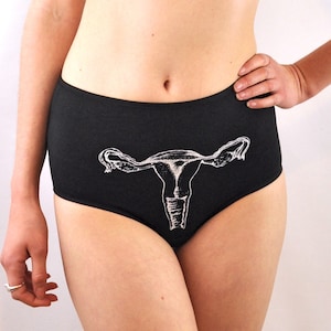 Black panties with white screen printed uterus underwear image 1