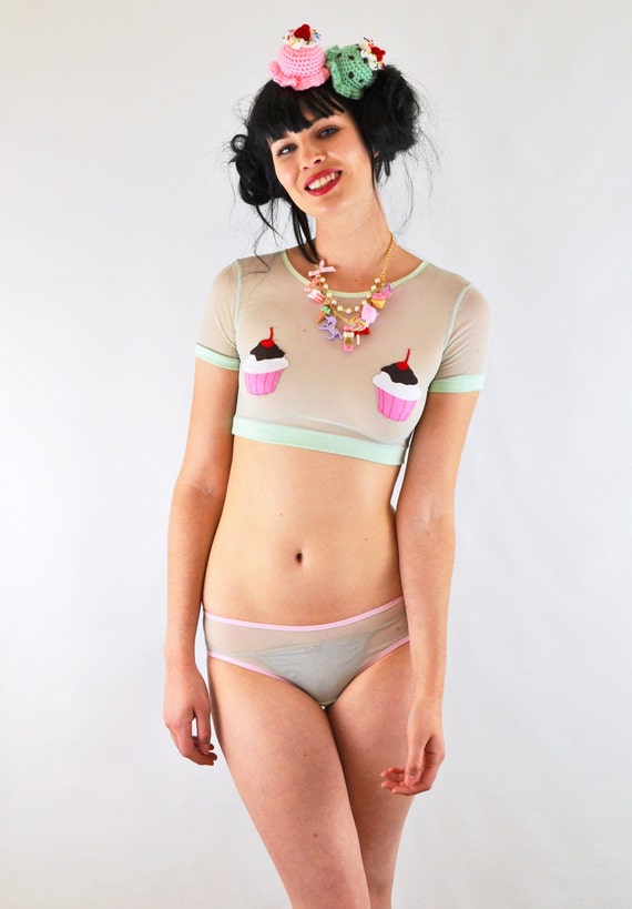Sheer Panties With Pink Cup Cake and See Through Mint Mesh Fabric 