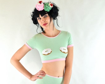 Mint Crop top met donuts donut T shirt