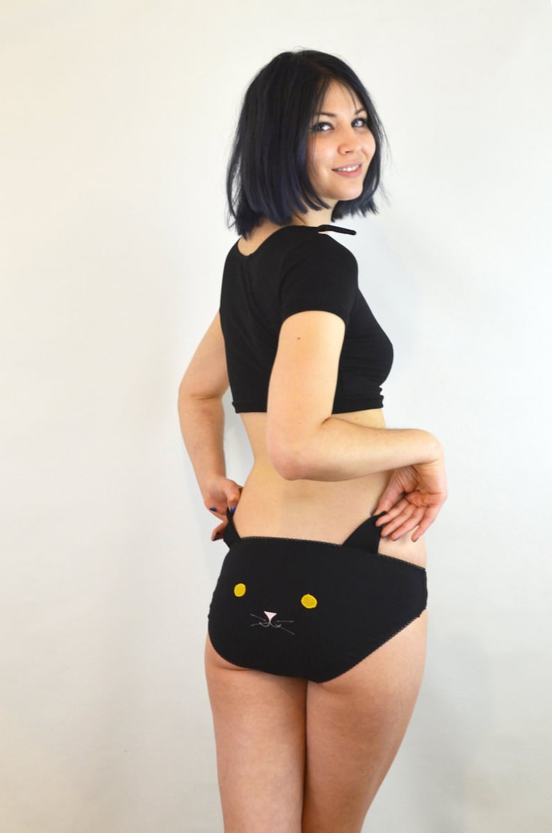 Panties with Black Cat Face and Ears Knickers Lingerie Underwear image 2