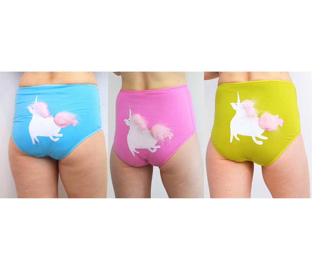 High Rise Waisted Unicorn Panties With Pink Fluffy Mane and Tail Underwear  Lime Green, Pink and Blue 