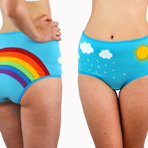 Rainbow panties with clouds, rain and sun. Unique knickers Cute lingerie for LGBTQ image 1