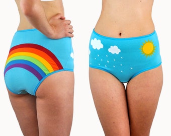 Rainbow panties with clouds, rain and sun. Unique knickers Cute lingerie for LGBTQ