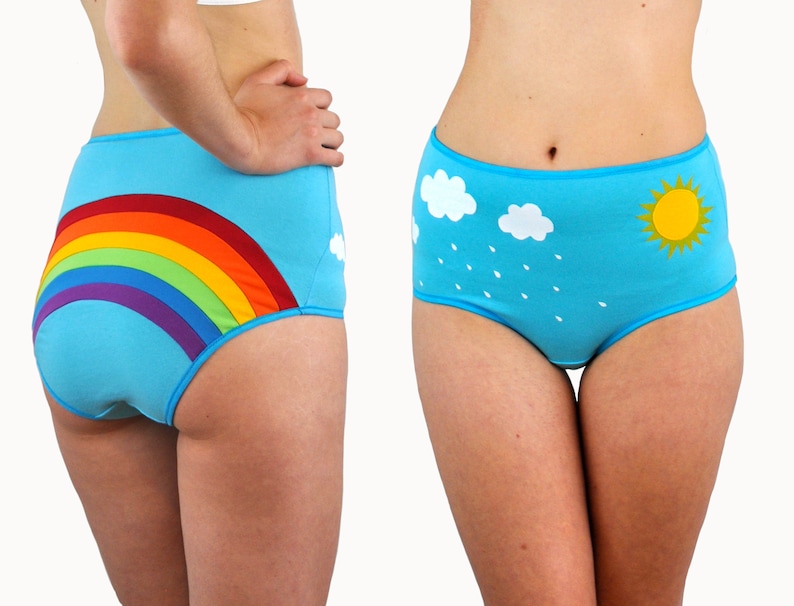 Rainbow panties with clouds, rain and sun. Unique knickers Cute lingerie for LGBTQ image 1