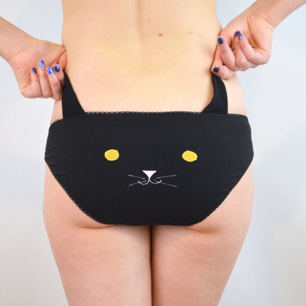 Culotte avec visage et oreilles de chat noir, sous-vêtements de lingerie