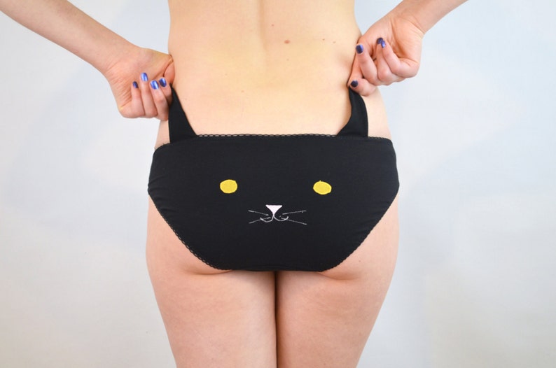 Panties with Black Cat Face and Ears Knickers Lingerie Underwear image 1