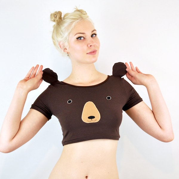 Crop Top with Brown Bear Face and Ears, Animal Crop top,  Sleepwear , Bear Costume