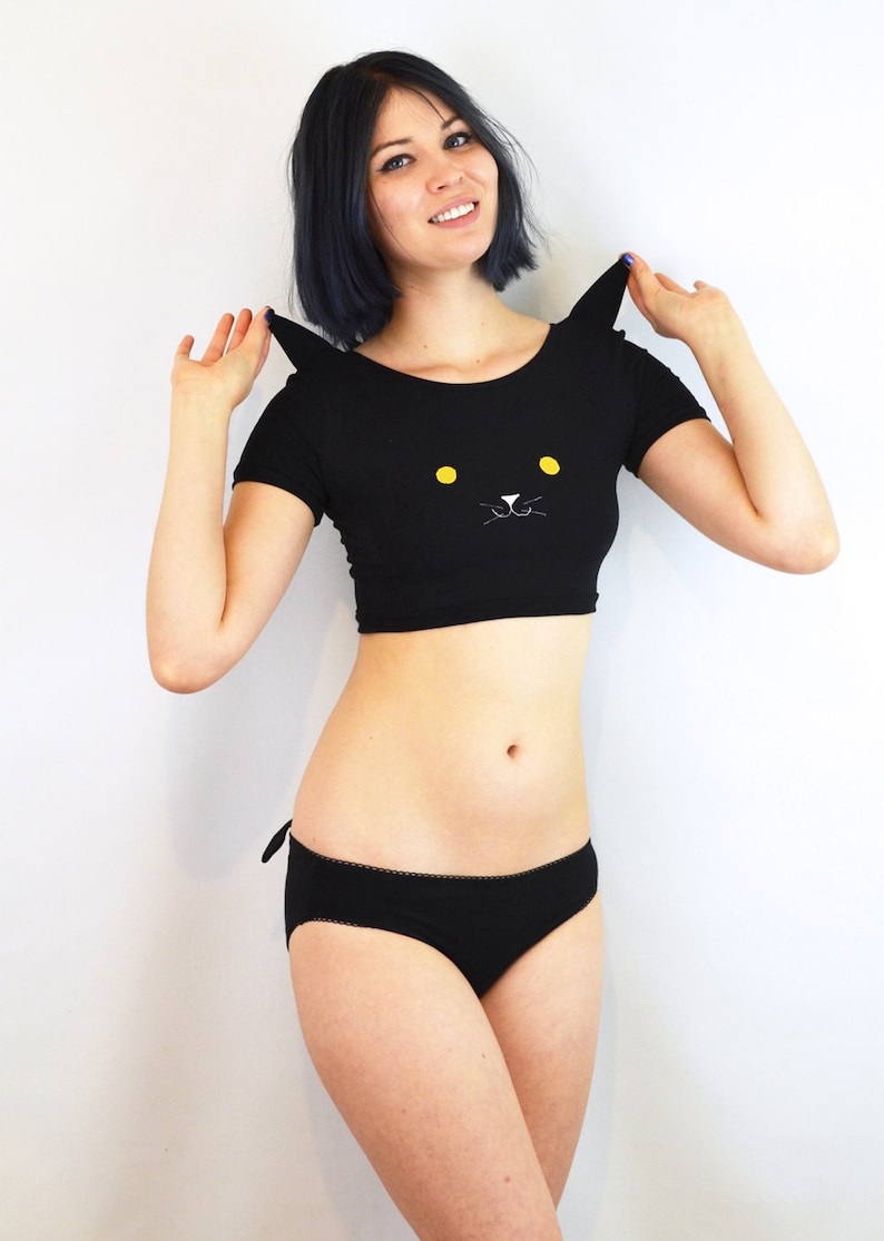 Panties with Black Cat Face and Ears Knickers Lingerie Underwear image 3