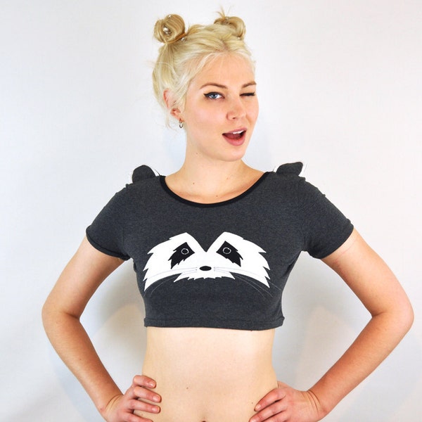 Crop top with a raccoon face and ears t shirt women