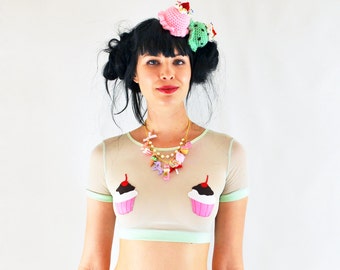 Mint See through Crop Top met cup cake borsten, Pure lingerie